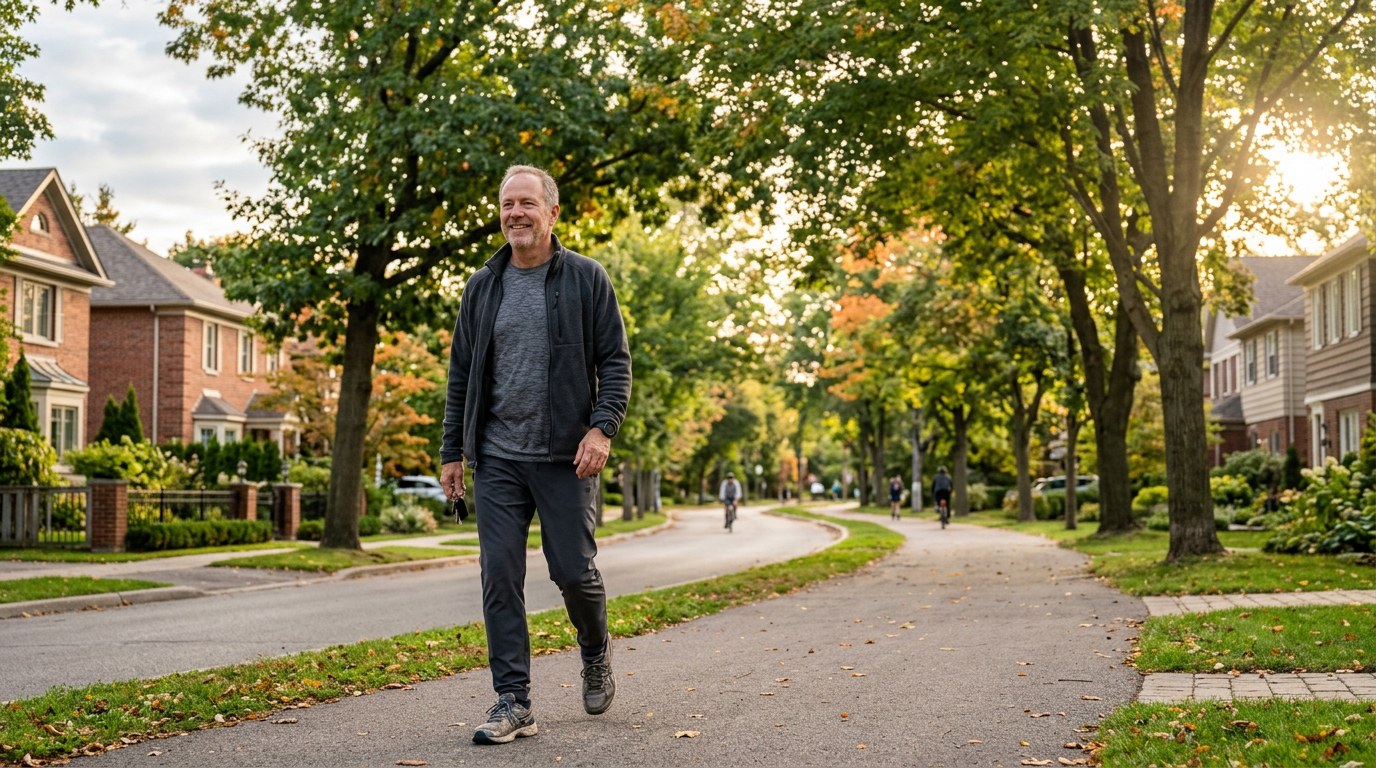 Mature man taking a relaxed walk along a tree-lined neighborhood path
