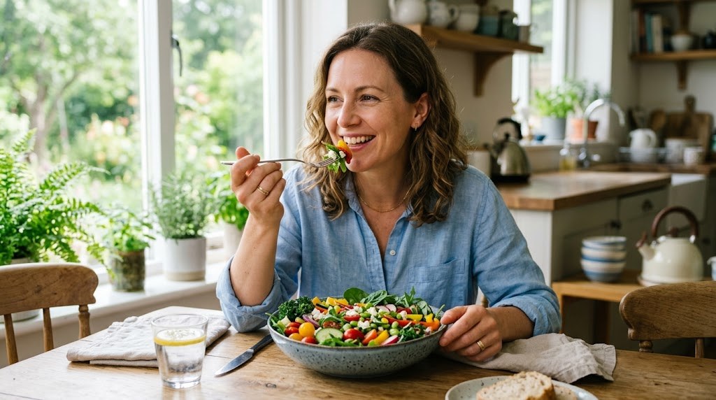 Woman eating a healthy salad rich in iron-supporting foods