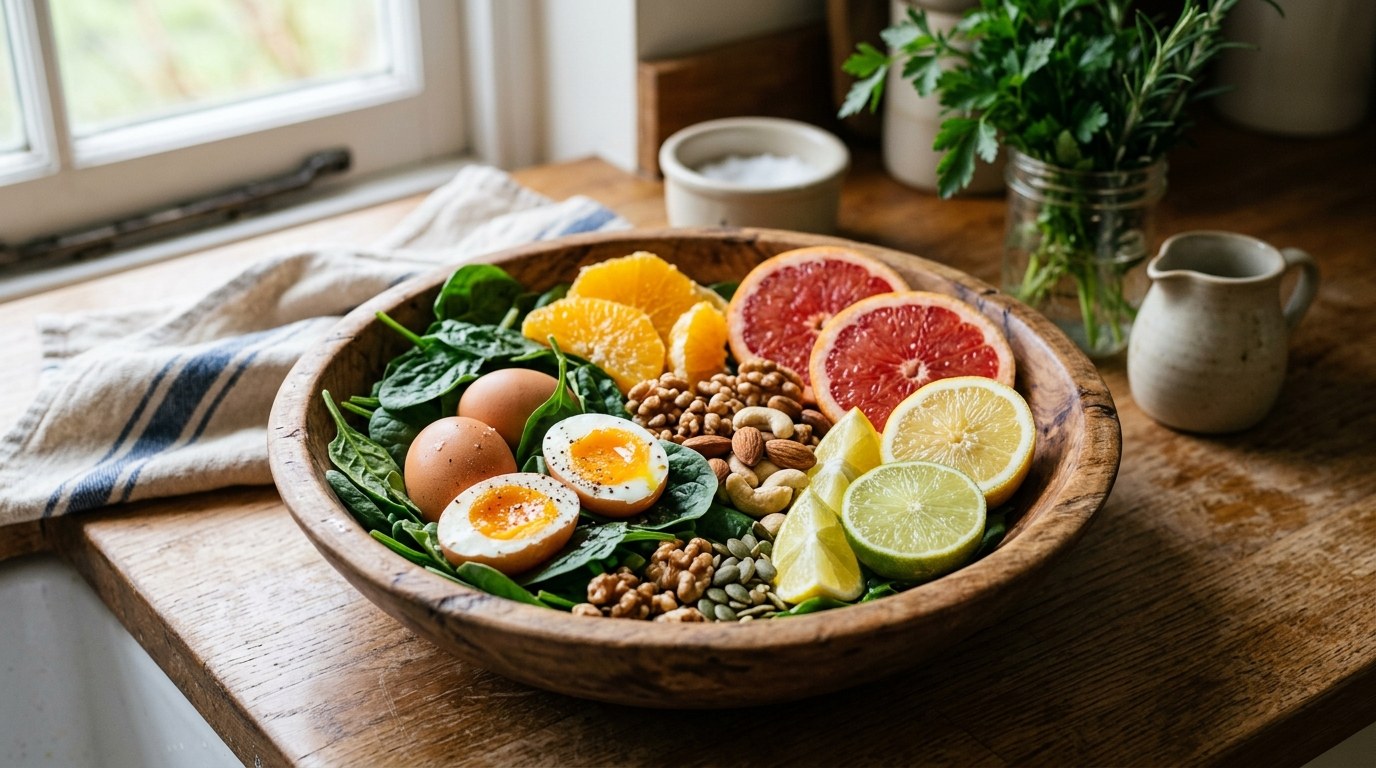 Bowl of colorful whole foods rich in vitamins including spinach, eggs, nuts, and citrus