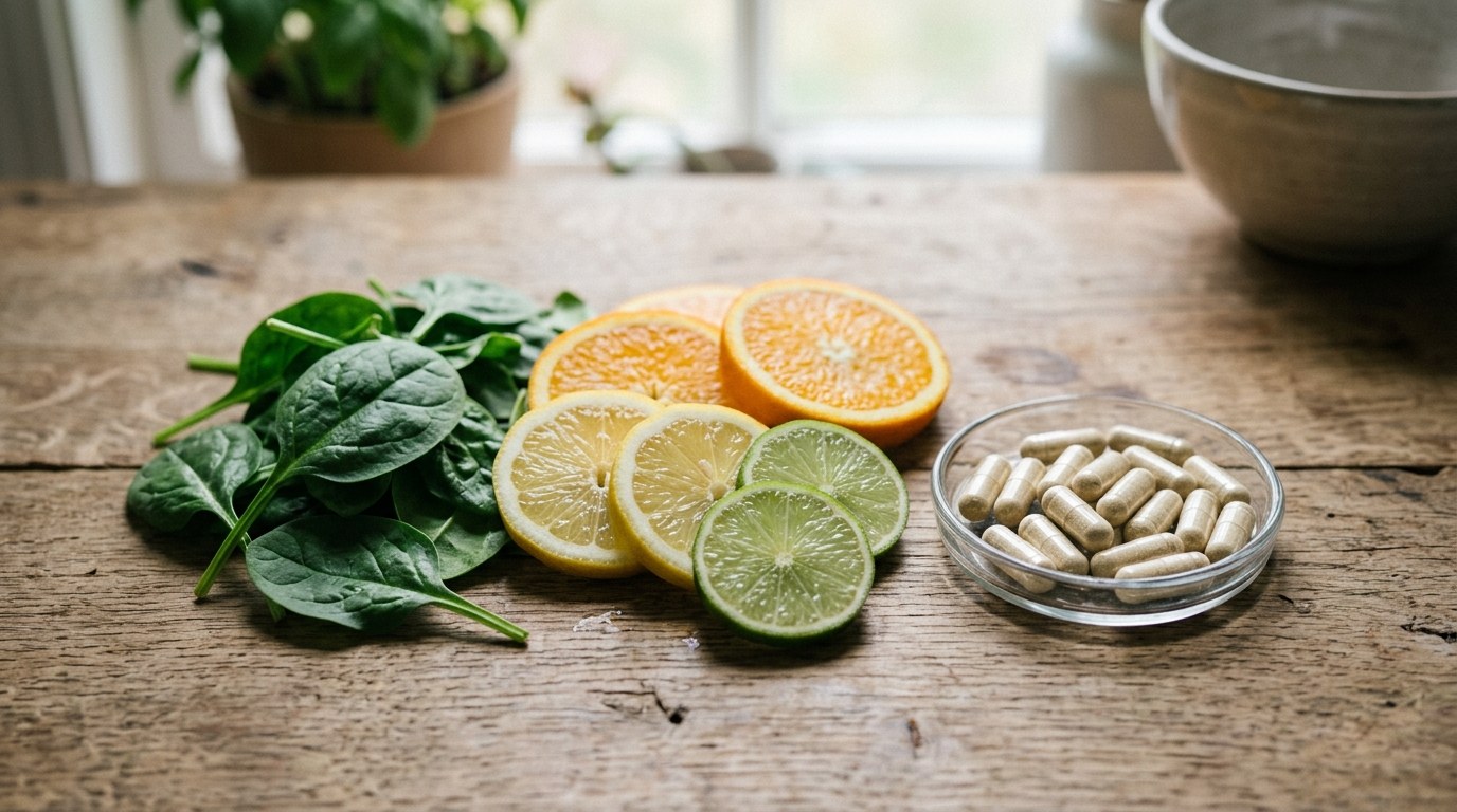 Supplement capsules alongside fresh vegetables and citrus — natural sources of iron and absorption cofactors